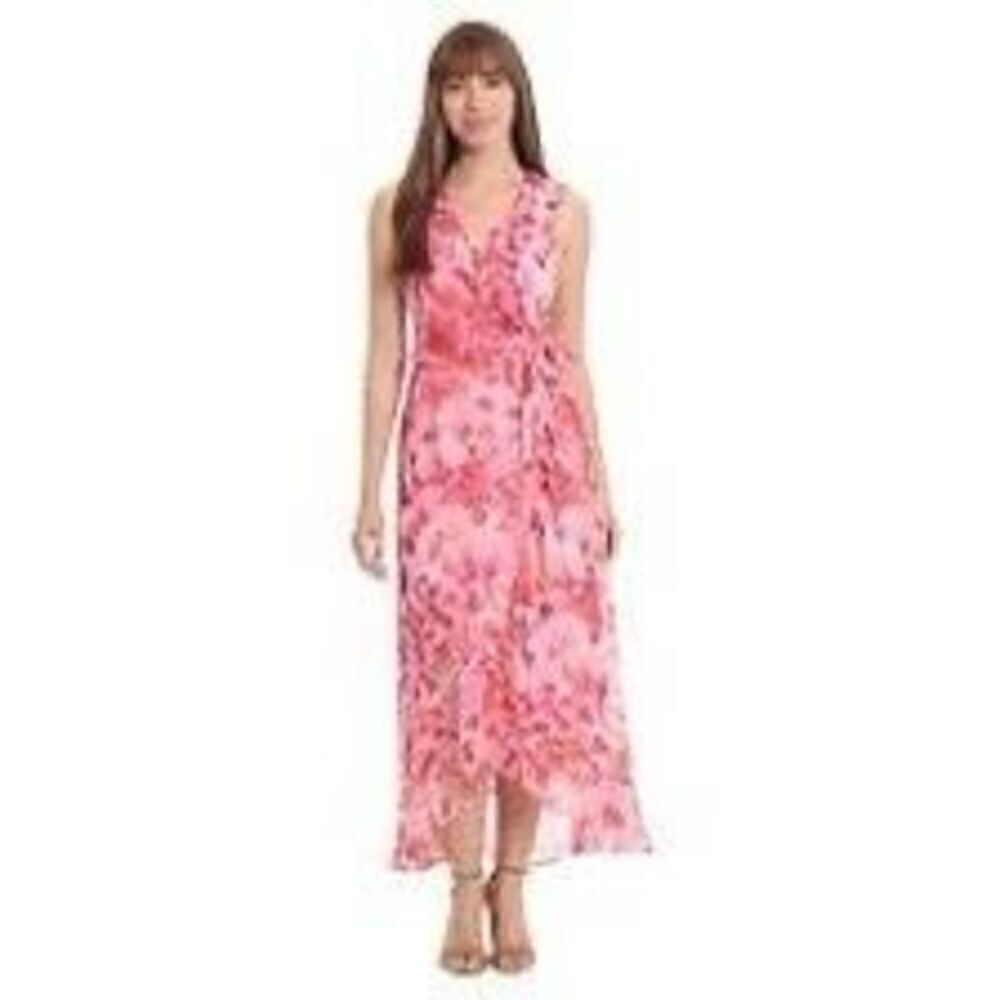 London Times Women’s Size 10 Tiered Apron Midi Wrap Dress Pink Floral Ruffle NWT